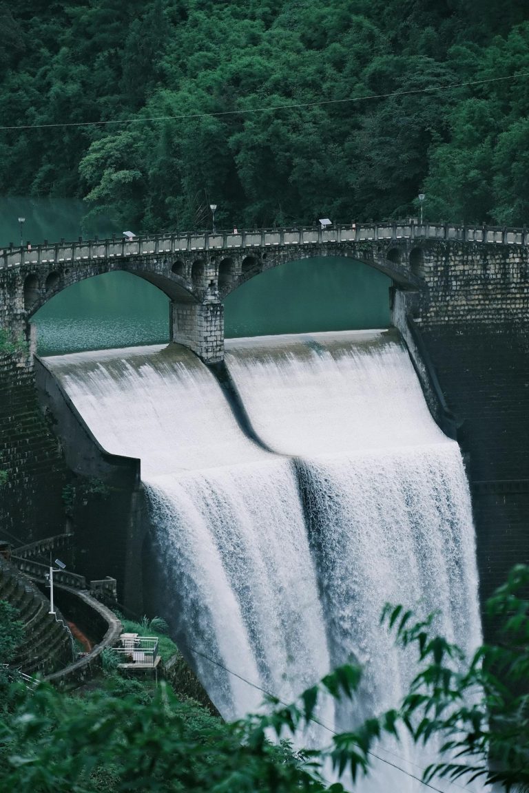 A majestic dam with cascading water in a lush green forest, captured with a X-E4 camera.